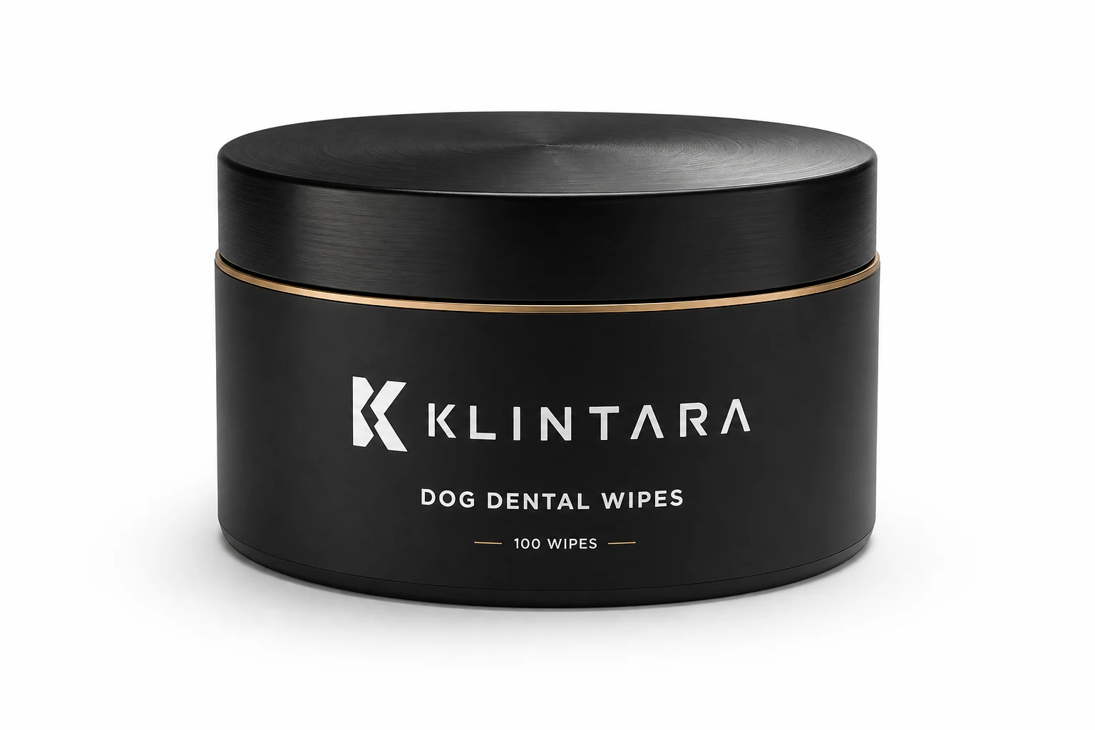 The Klintara 100-count dog dental wipes tub in matte black with a brass keyline, photographed on white