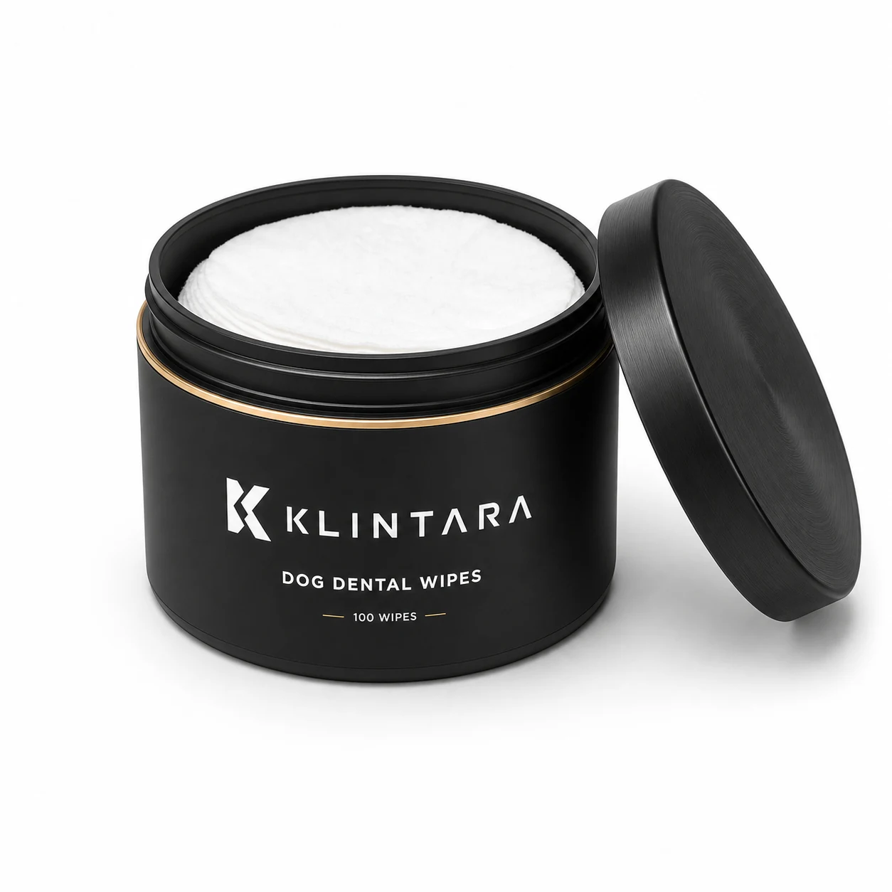 The open Klintara tub with the lid resting against it, white wipes visible inside