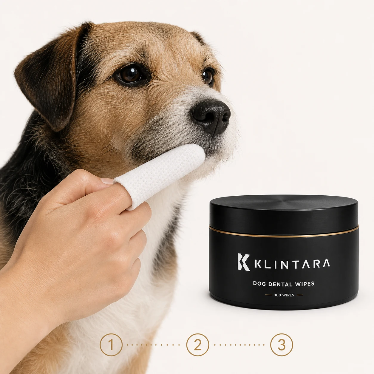 A wipe folded over one index finger, held beside a calm terrier