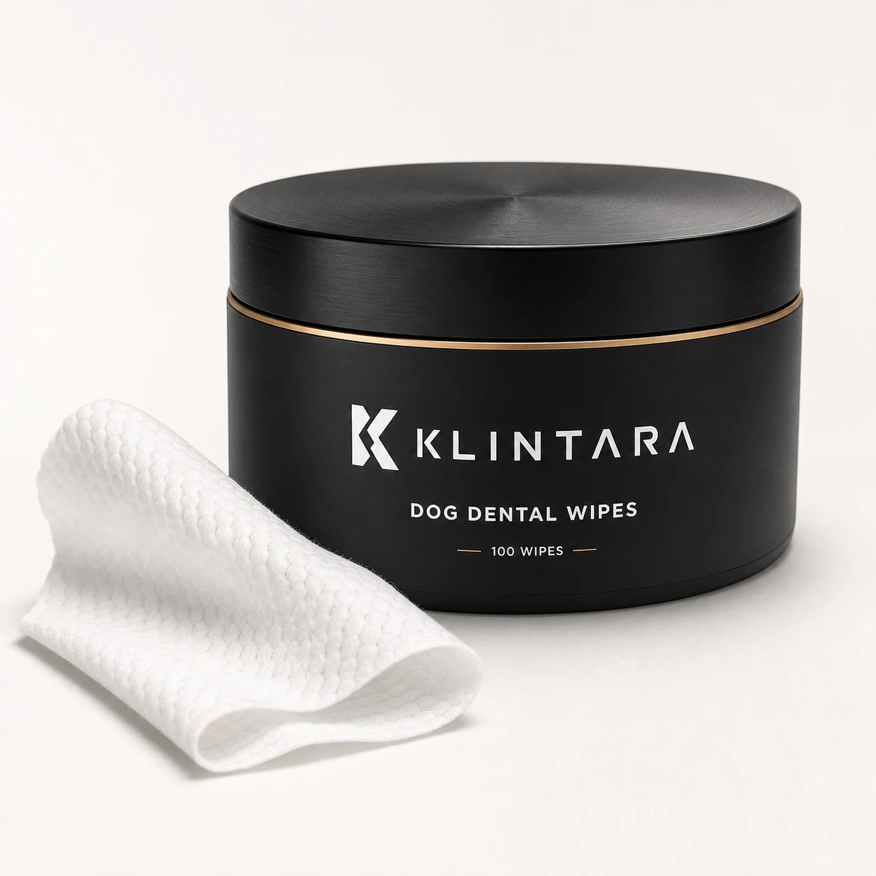 Close-up of the textured Klintara dental wipe beside the matte tub