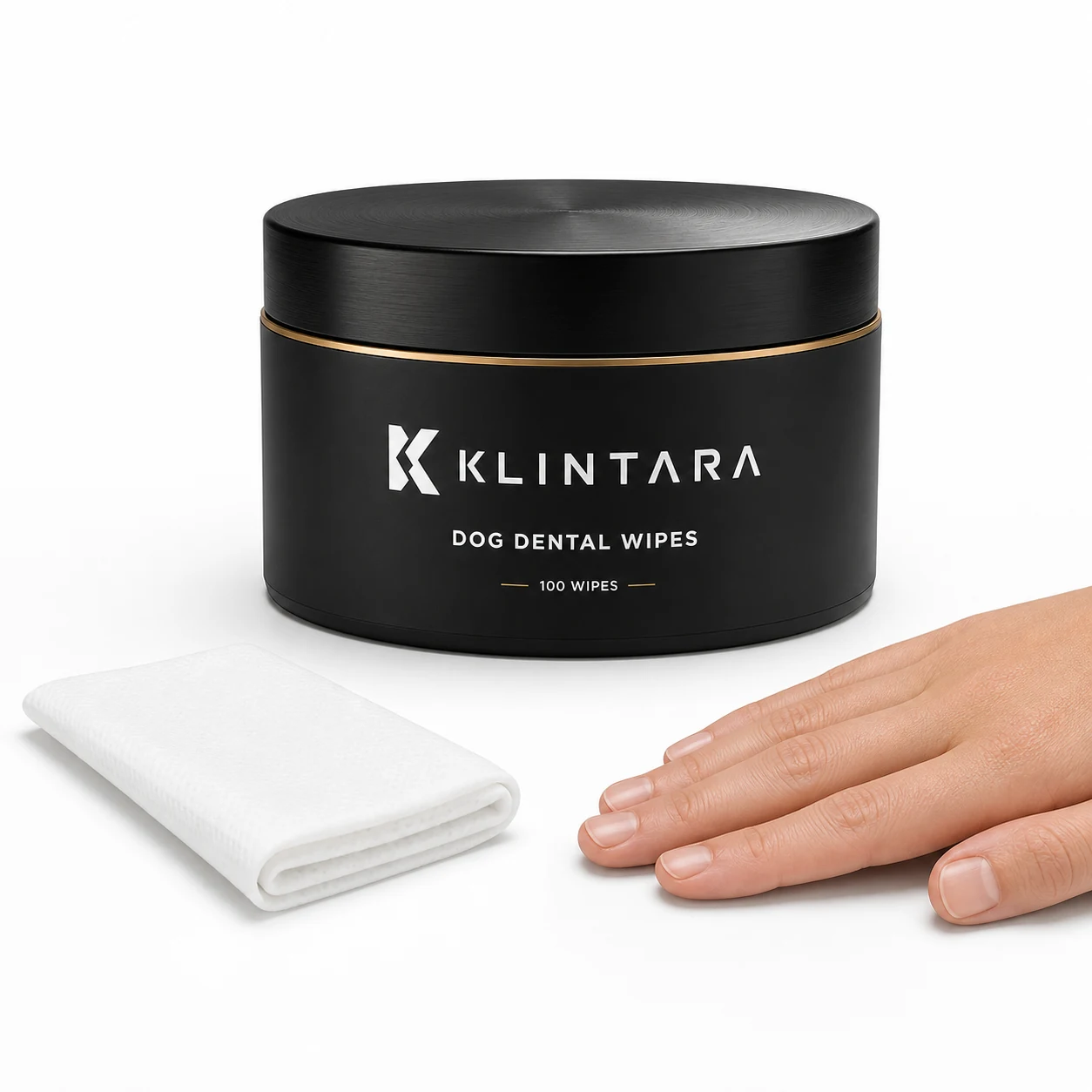 The Klintara tub beside one folded wipe and a hand for scale