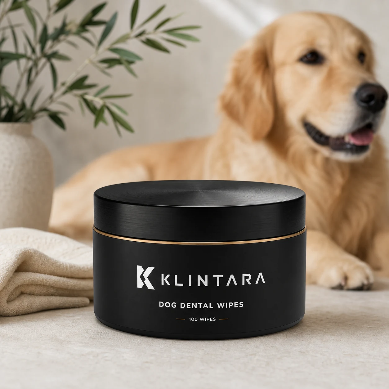 The Klintara tub on stone beside folded towels with a golden retriever resting behind