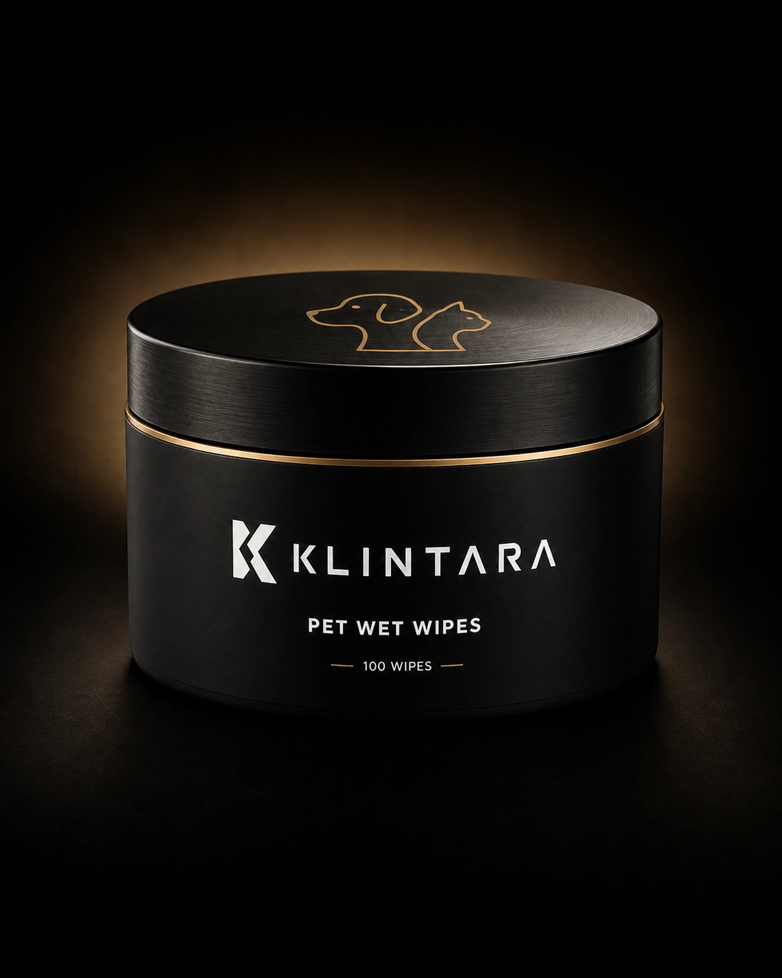 The matte-black Klintara pet wet wipes tub, its brass keyline catching a low studio light