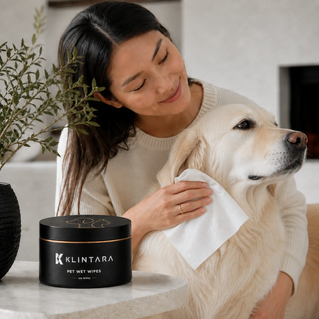An East Asian woman gently wiping a cream-colored dog's shoulder coat with a large rectangular Klintara grooming wipe