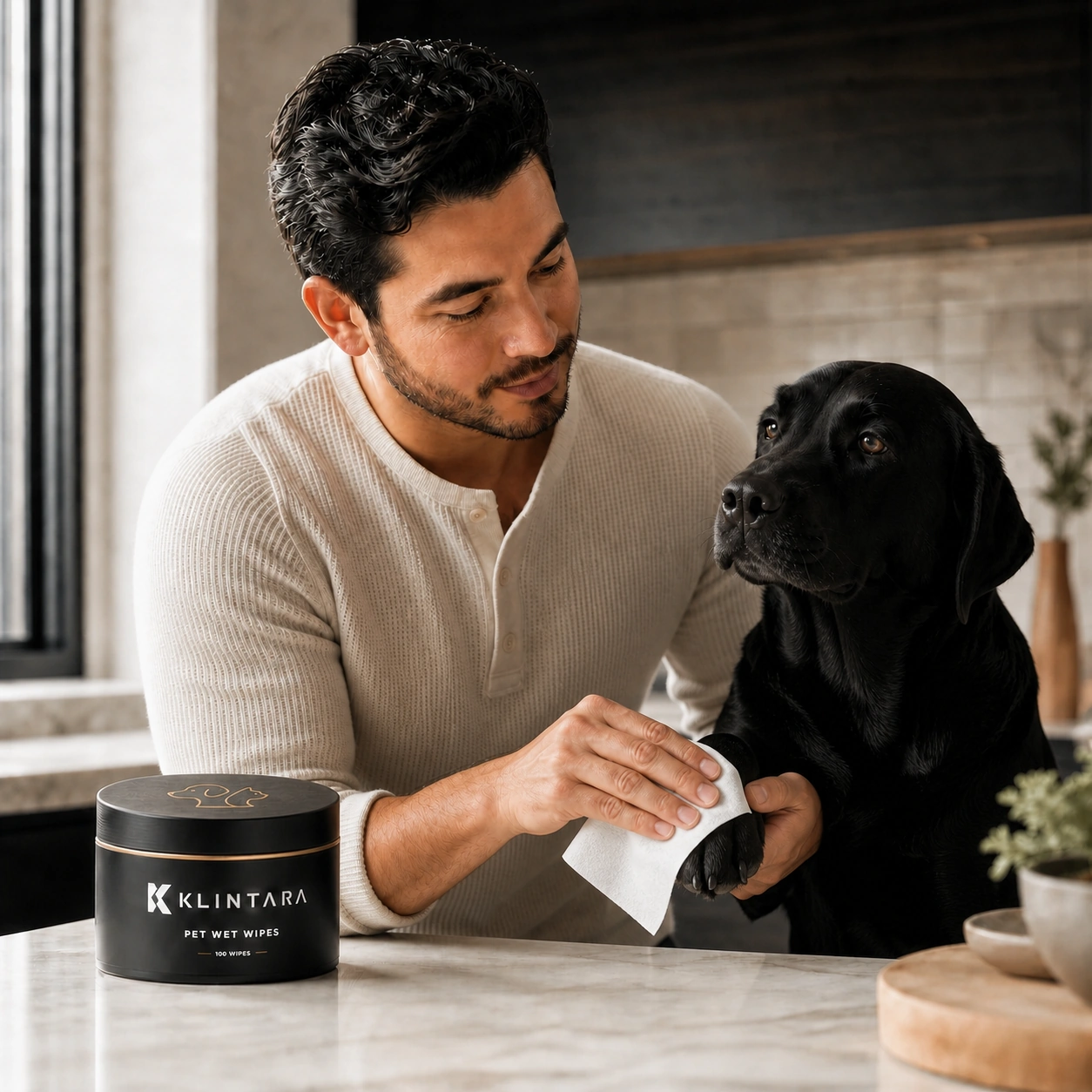 A Latino man gently wiping a black Labrador's front paw with a large rectangular Klintara grooming wipe