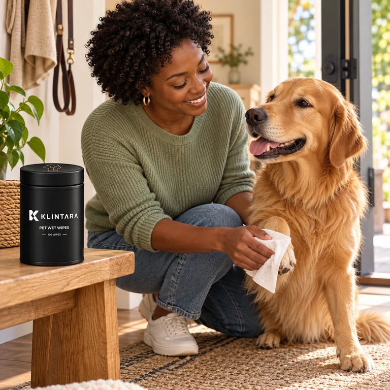 After the walk: gentle paw care with a golden retriever
