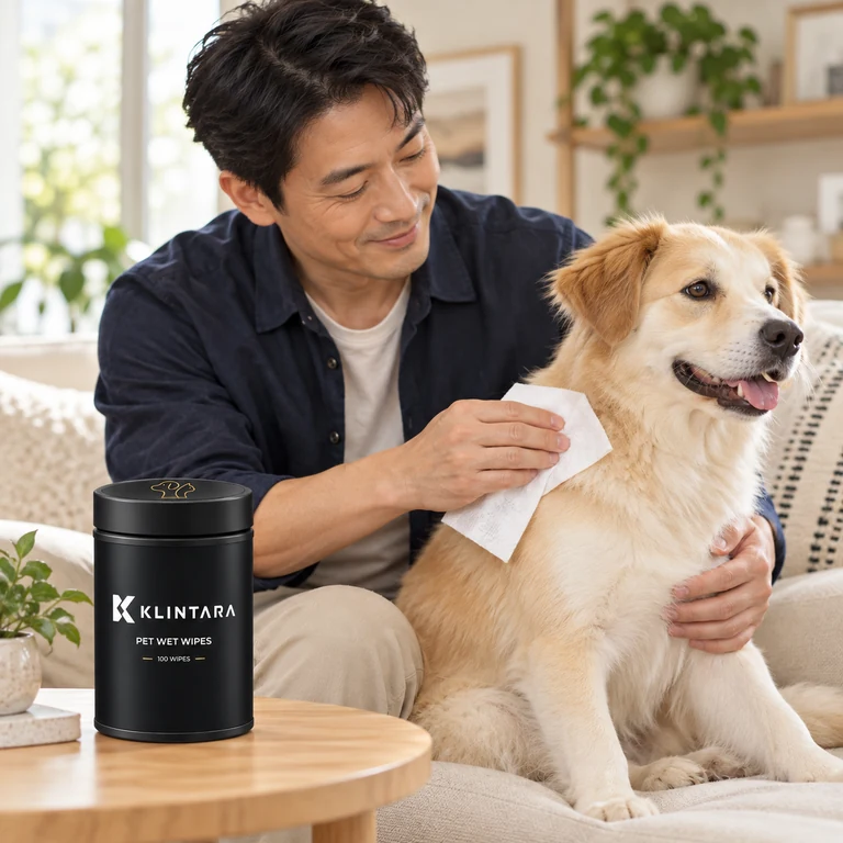 A quiet coat-care moment with a cream-colored dog