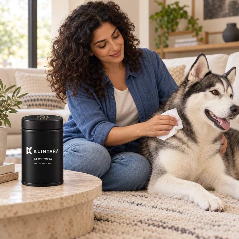 A calm shoulder-coat cleanup with a husky