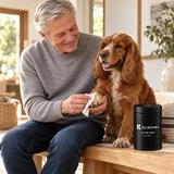 An older pet owner shares a quiet paw-care moment with a spaniel