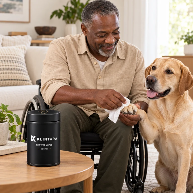 A pet owner using a wheelchair gently cleans a Labrador paw