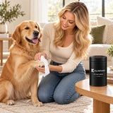 A sunlit paw-care moment with a golden retriever