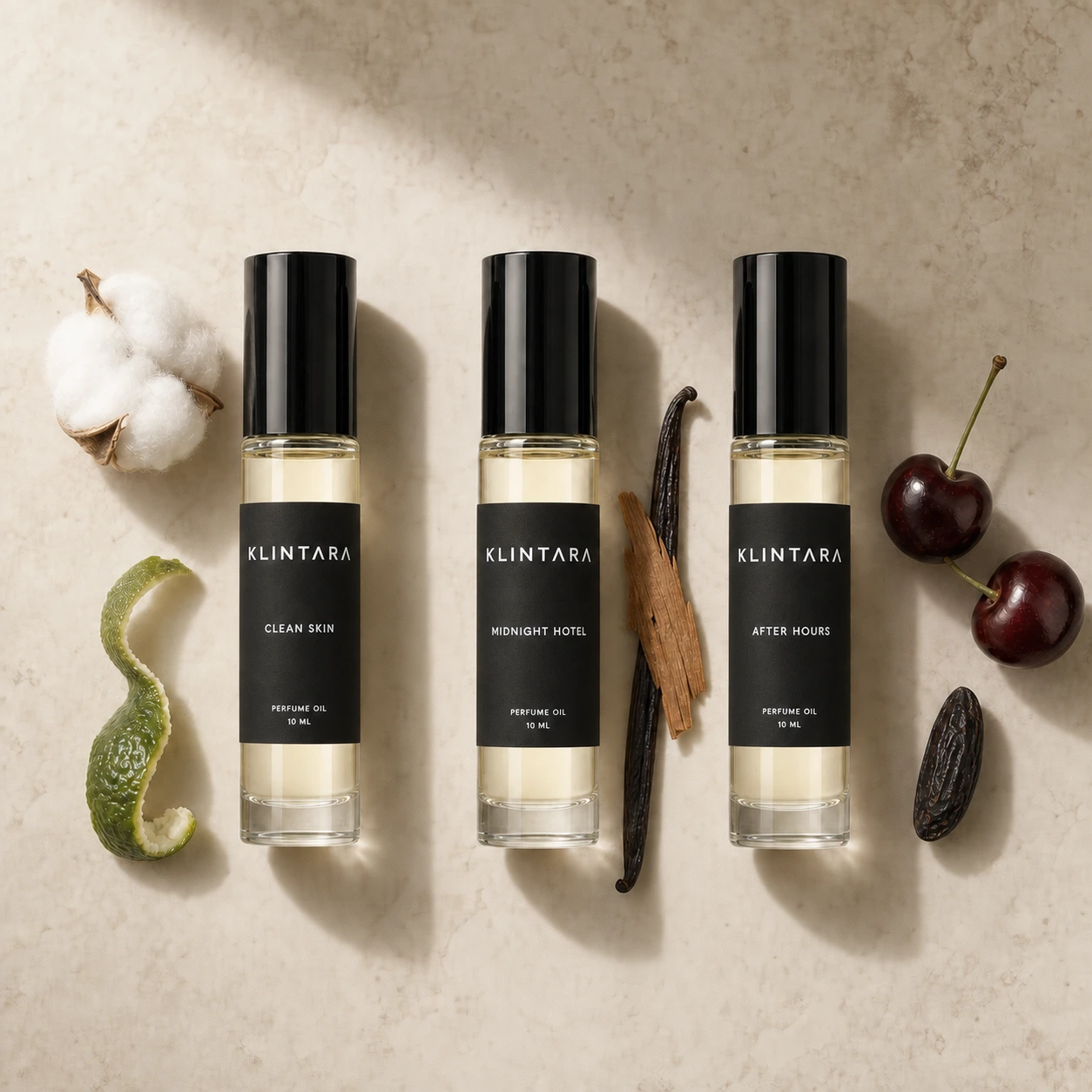 Black-label Klintara perfume oils with bergamot, cotton, cedar, vanilla, cherry and tonka cues