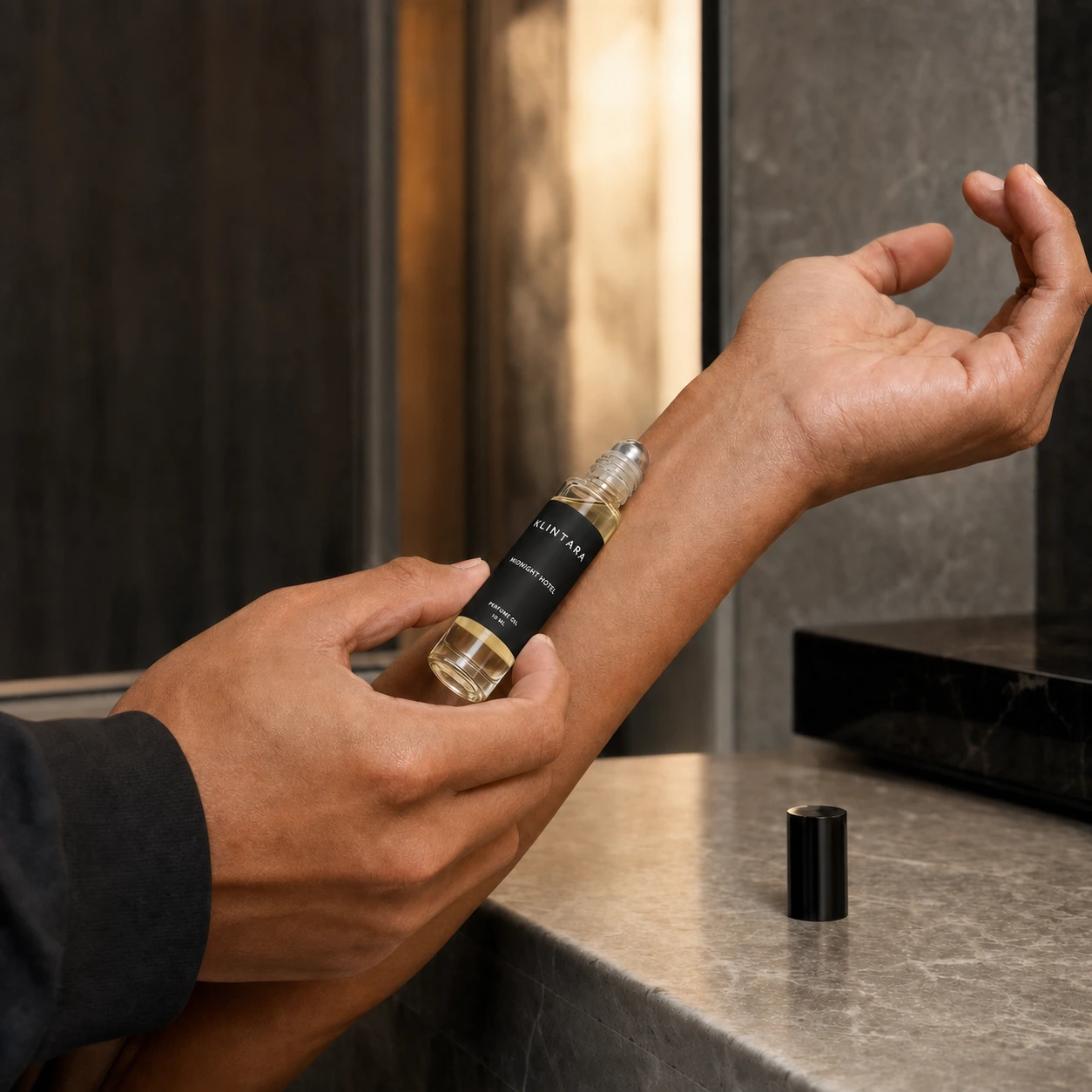 Adult applying black-label Klintara Midnight Hotel perfume oil to the wrist