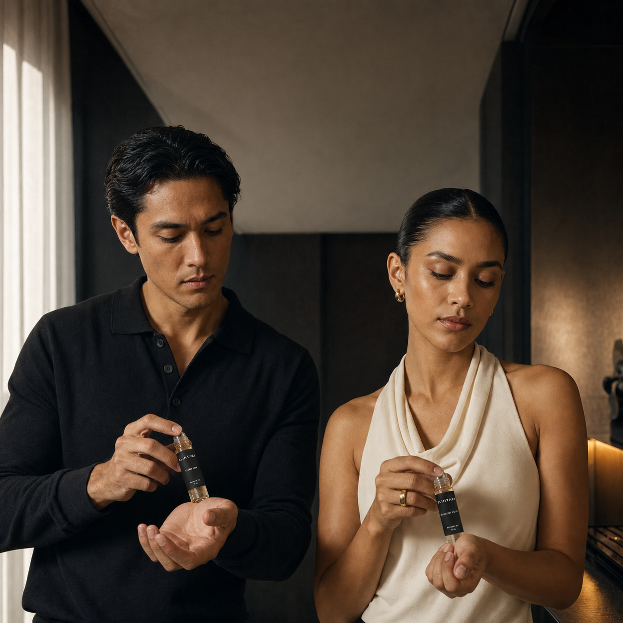 A man and woman applying Klintara perfume oil side by side