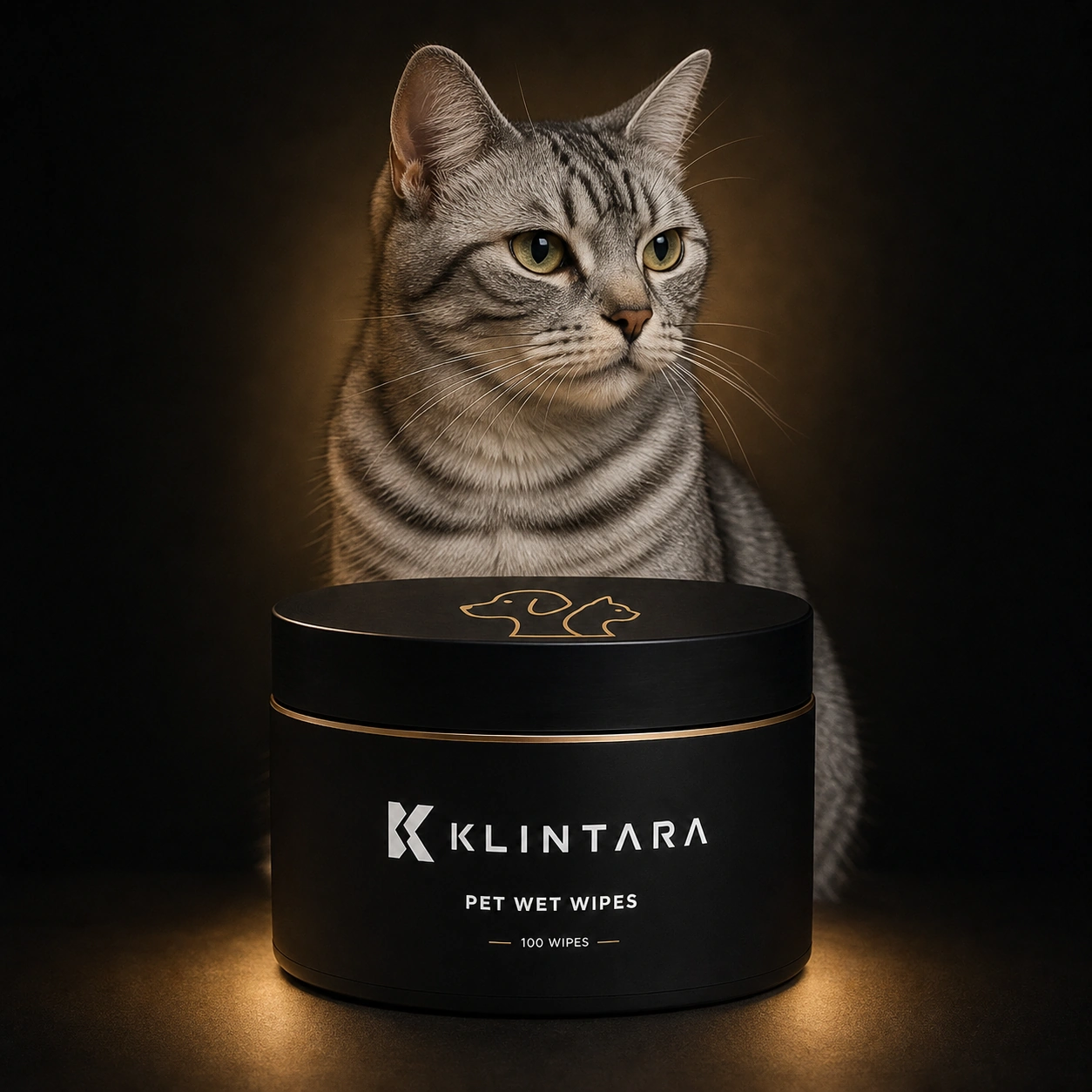 The Klintara pet wet wipes tub with a relaxed silver tabby cat in a warm studio scene