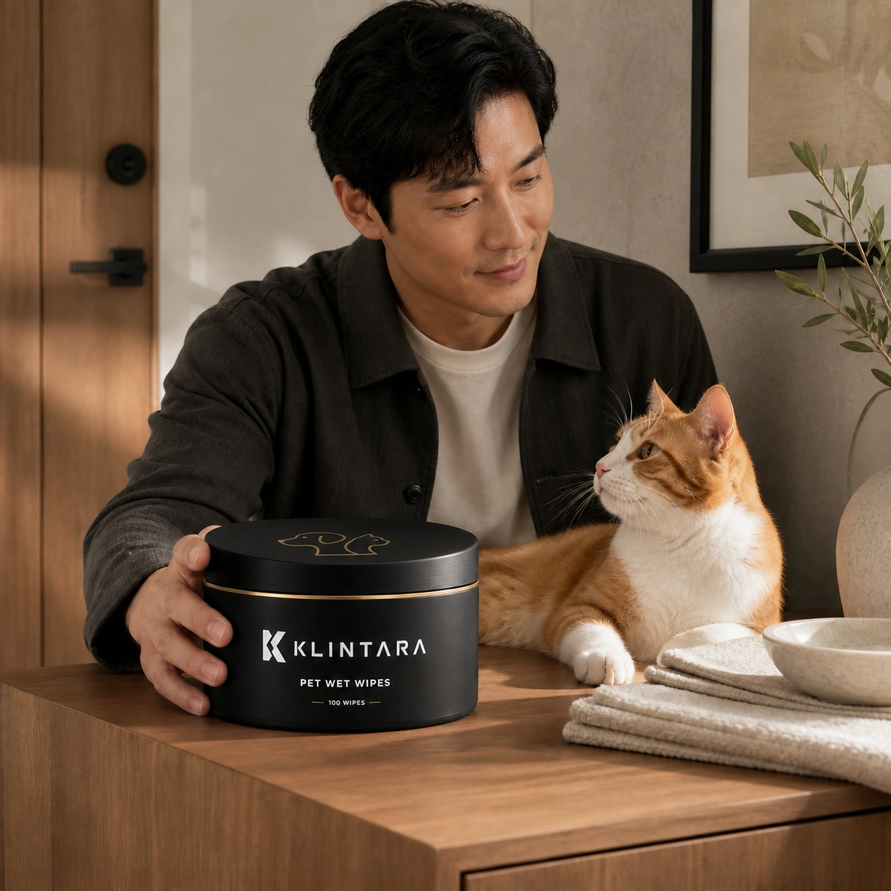 An East Asian man holding the Klintara pet wet wipes tub beside a calm orange-and-white cat