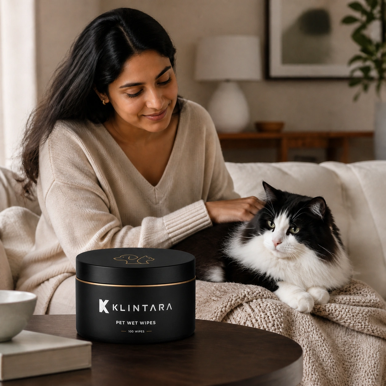 A South Asian woman beside a relaxed black-and-white cat with the Klintara pet wet wipes tub in the foreground