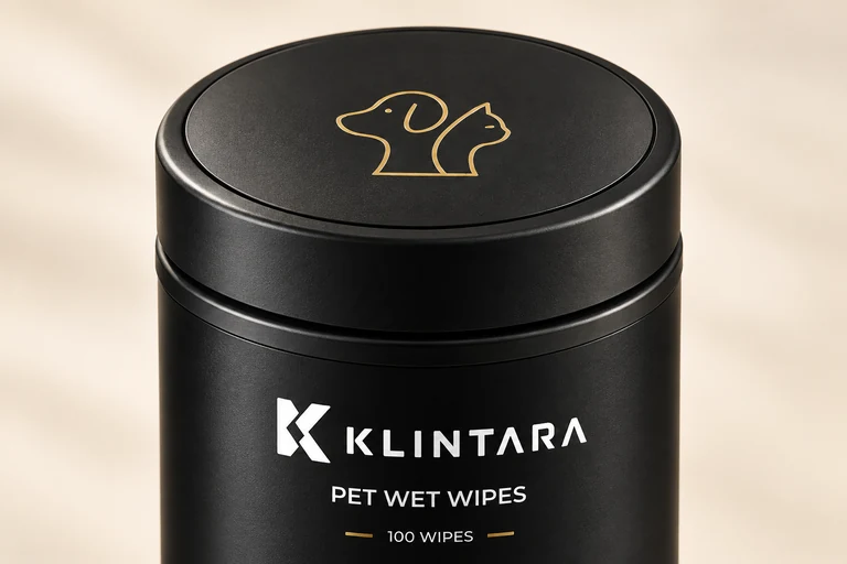 Detail of the gold dog and cat emblem on the matte black lid