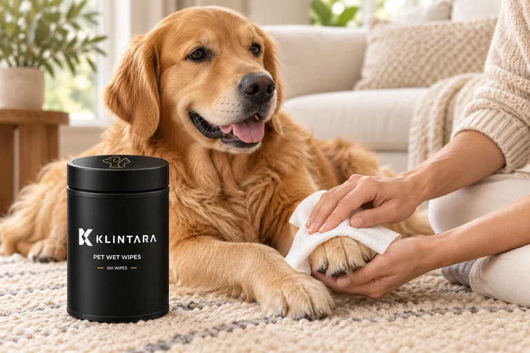 A gentle paw-care scene with a golden retriever
